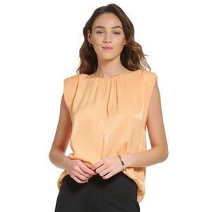 Women's Solid Satin Crewneck Shoulder-Pad Top